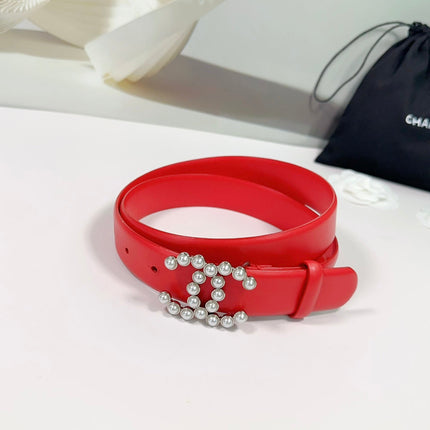 CC BELT 30 MM IN CRIMSON RED SMOOTH CALFSKIN WITH SILVER HARDWARE ATTACH PEARL
