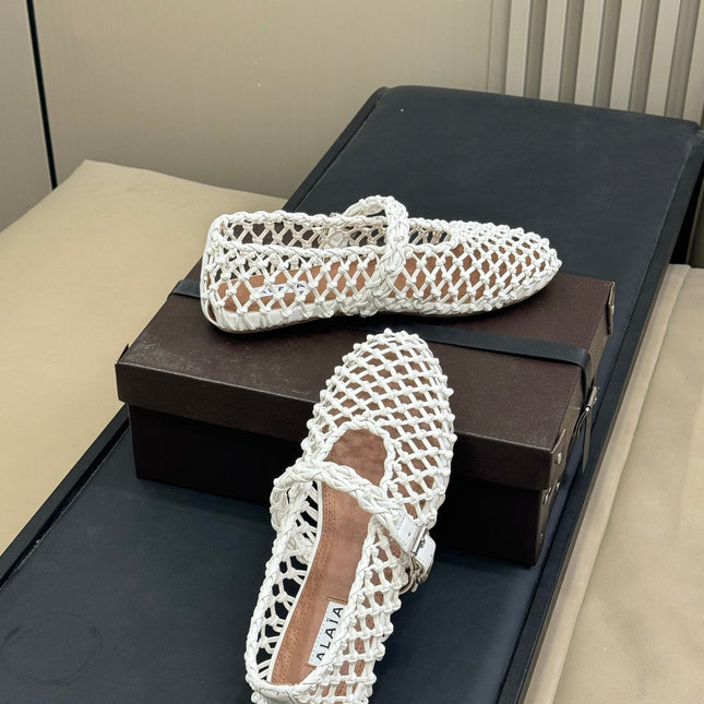 ALAIA MARY JANE FLATS 25S IN WHITE MESH CALSKIN WITH SILVER HARDWARE