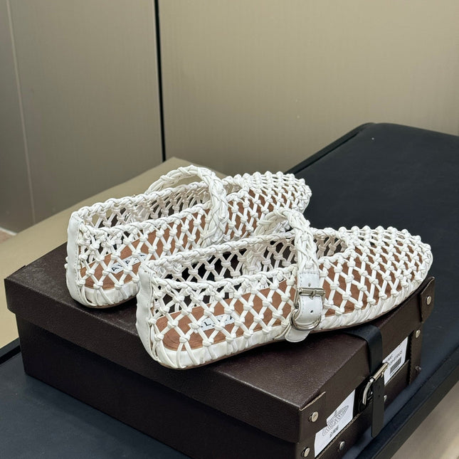 ALAIA MARY JANE FLATS 25S IN WHITE MESH CALSKIN WITH SILVER HARDWARE