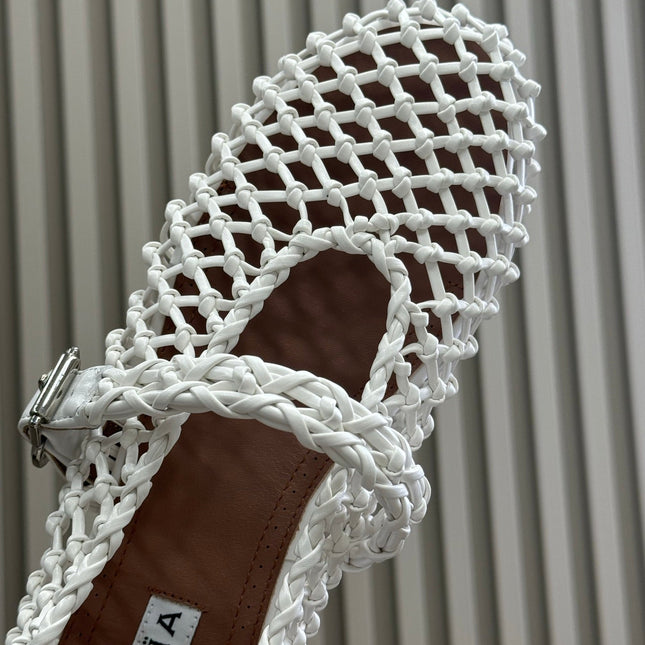 ALAIA MARY JANE FLATS 25S IN WHITE MESH CALSKIN WITH SILVER HARDWARE