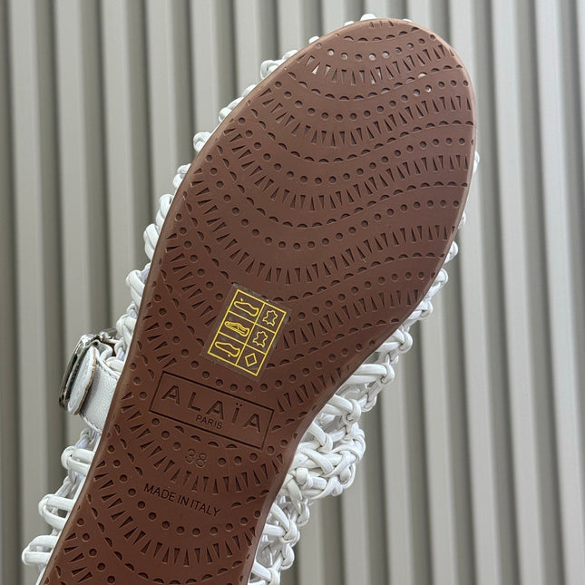 ALAIA MARY JANE FLATS 25S IN WHITE MESH CALSKIN WITH SILVER HARDWARE