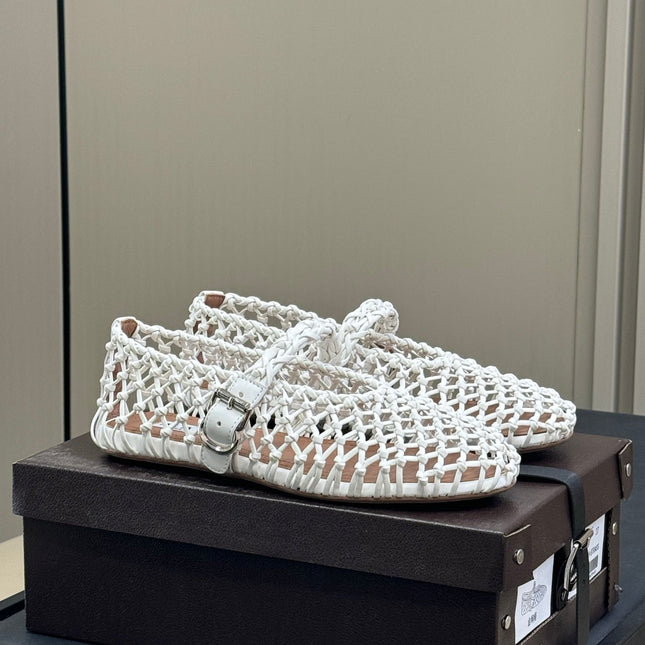 ALAIA MARY JANE FLATS 25S IN WHITE MESH CALSKIN WITH SILVER HARDWARE