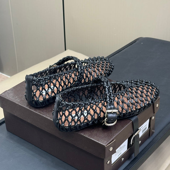 ALAIA MARY JANE FLATS 25S IN BLACK MESH CALSKIN WITH SILVER HARDWARE