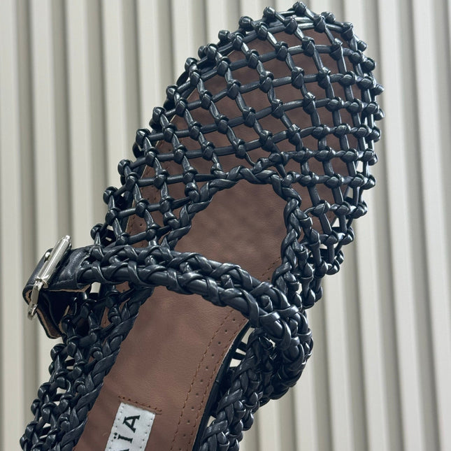 ALAIA MARY JANE FLATS 25S IN BLACK MESH CALSKIN WITH SILVER HARDWARE