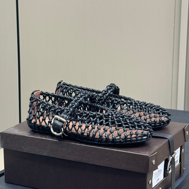 ALAIA MARY JANE FLATS 25S IN BLACK MESH CALSKIN WITH SILVER HARDWARE