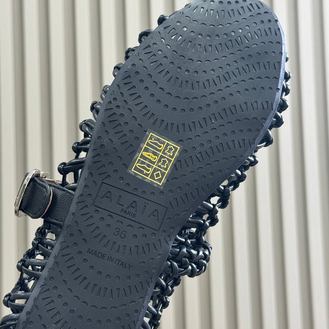 ALAIA MARY JANE FLATS 25S IN BLACK MESH CALSKIN WITH SILVER HARDWARE