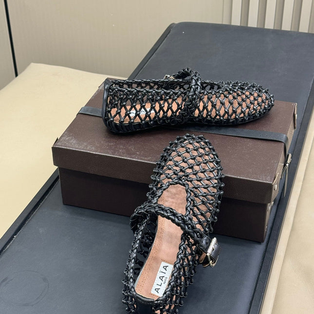 ALAIA MARY JANE FLATS 25S IN BLACK MESH CALSKIN WITH SILVER HARDWARE
