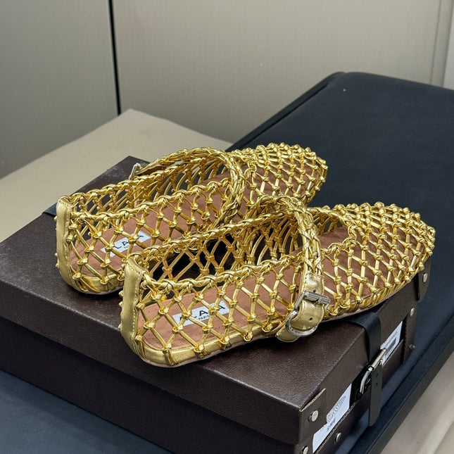 ALAIA MARY JANE FLATS 25S IN GOLD MESH CALSKIN WITH SILVER HARDWARE
