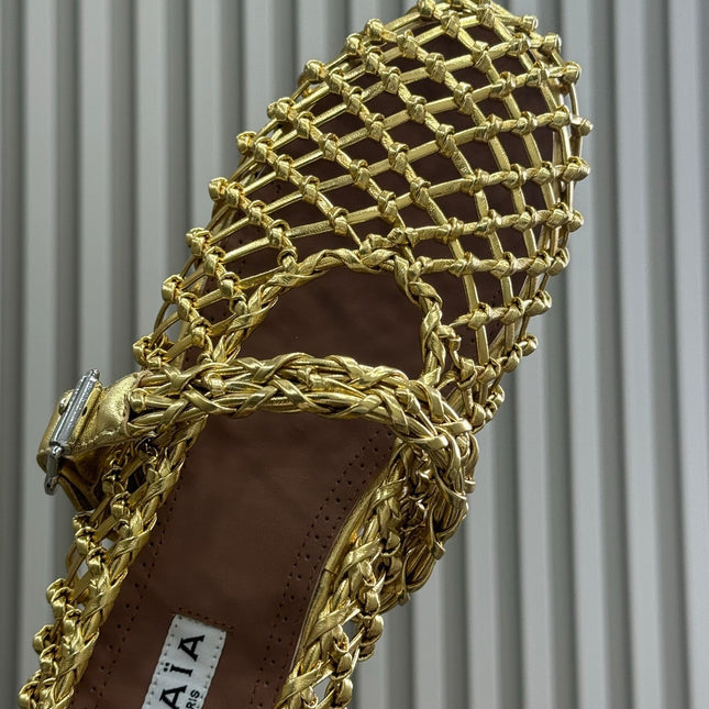 ALAIA MARY JANE FLATS 25S IN GOLD MESH CALSKIN WITH SILVER HARDWARE