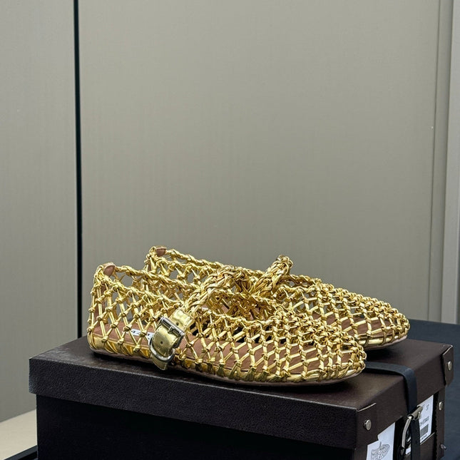 ALAIA MARY JANE FLATS 25S IN GOLD MESH CALSKIN WITH SILVER HARDWARE