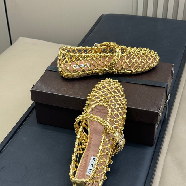 ALAIA MARY JANE FLATS 25S IN GOLD MESH CALSKIN WITH SILVER HARDWARE