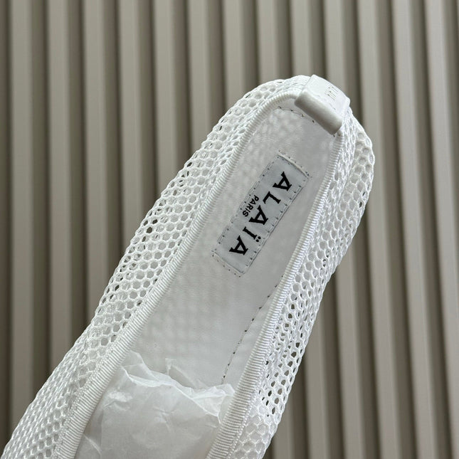ALAIA FISHNET MESH BALLET FLATS 25S IN WHITE FABRIC