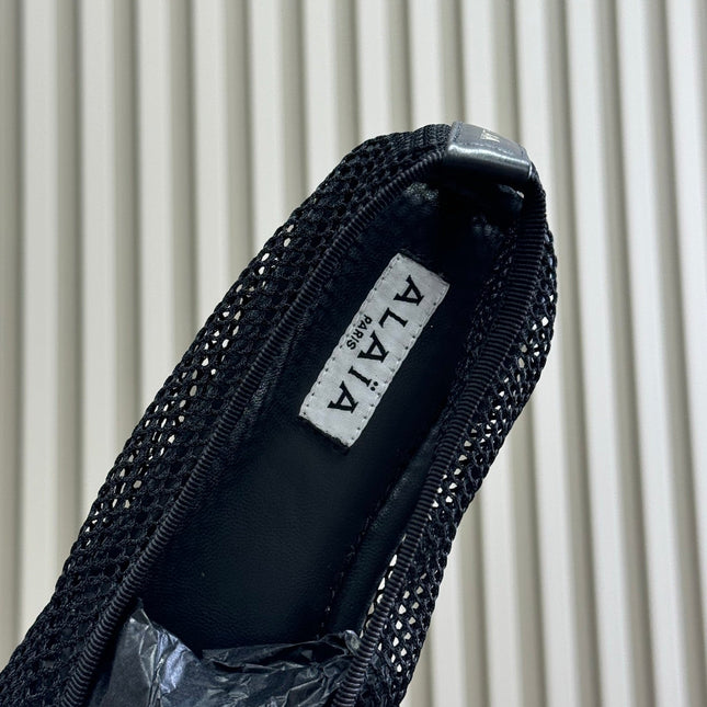 ALAIA FISHNET MESH BALLET FLATS 25S IN BLACK FABRIC