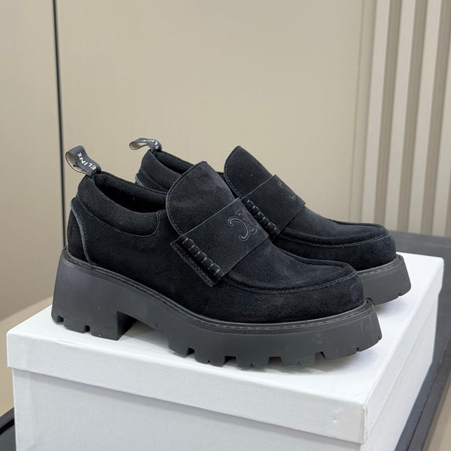 CELINE 25S SERIN CHUNKY LOAFERS 50MM IN BLACK SUEDE