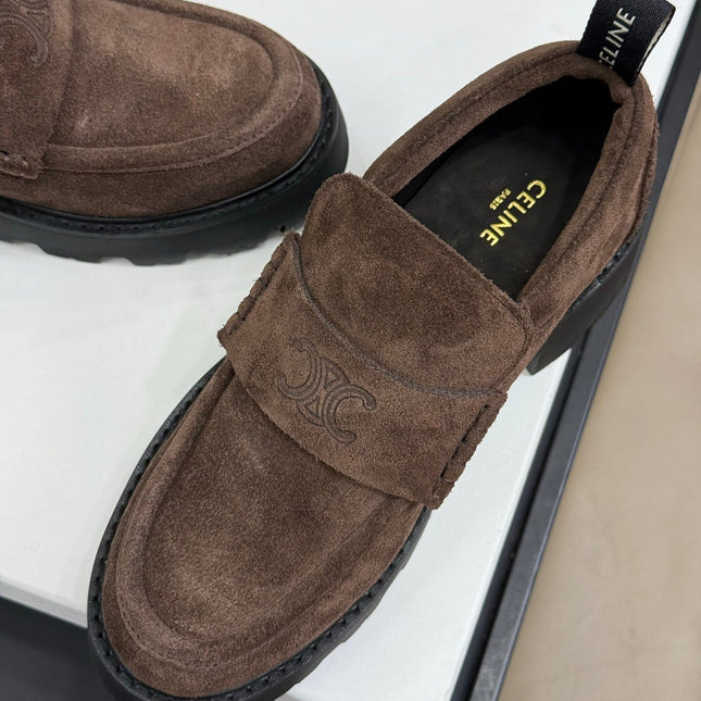 CELINE 25S SERIN CHUNKY LOAFERS 50MM IN BROWN SUEDE