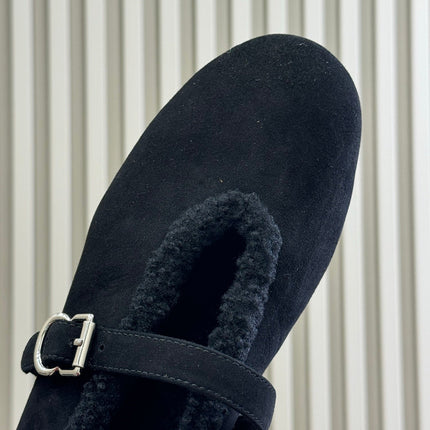 ALAIA 25S MARY JANE SHEARLING FLATS IN BLACK SUEDE