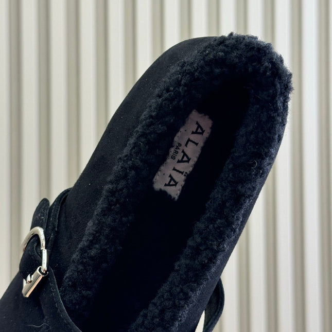 ALAIA 25S MARY JANE SHEARLING FLATS IN BLACK SUEDE