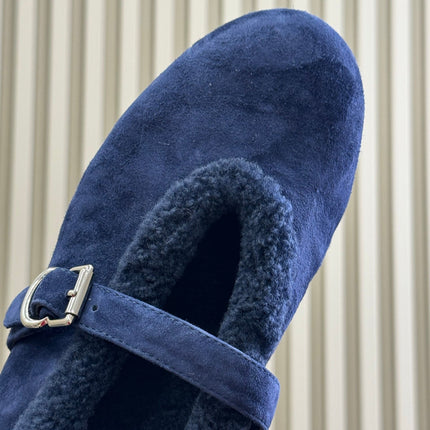 ALAIA 25S MARY JANE SHEARLING FLATS IN DARK BLUE SUEDE