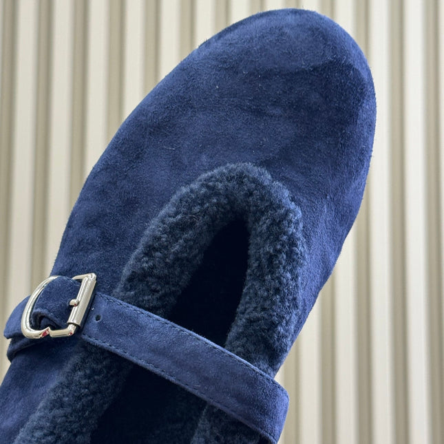 ALAIA 25S MARY JANE SHEARLING FLATS IN DARK BLUE SUEDE