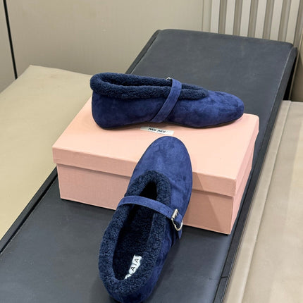ALAIA 25S MARY JANE SHEARLING FLATS IN DARK BLUE SUEDE