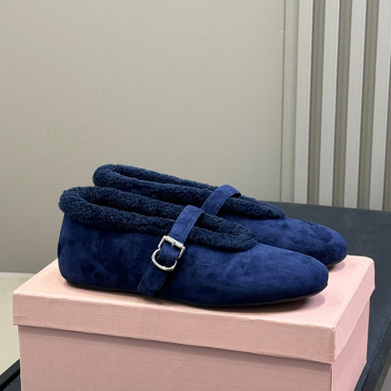 ALAIA 25S MARY JANE SHEARLING FLATS IN DARK BLUE SUEDE