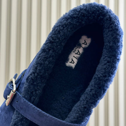 ALAIA 25S MARY JANE SHEARLING FLATS IN DARK BLUE SUEDE