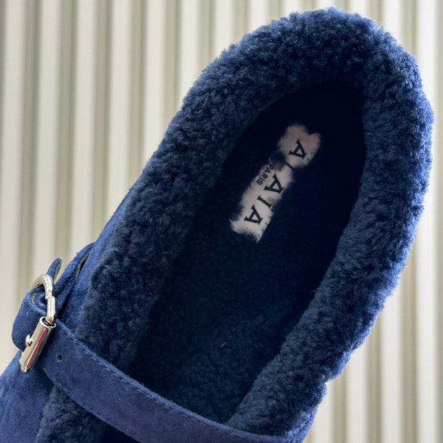 ALAIA 25S MARY JANE SHEARLING FLATS IN DARK BLUE SUEDE