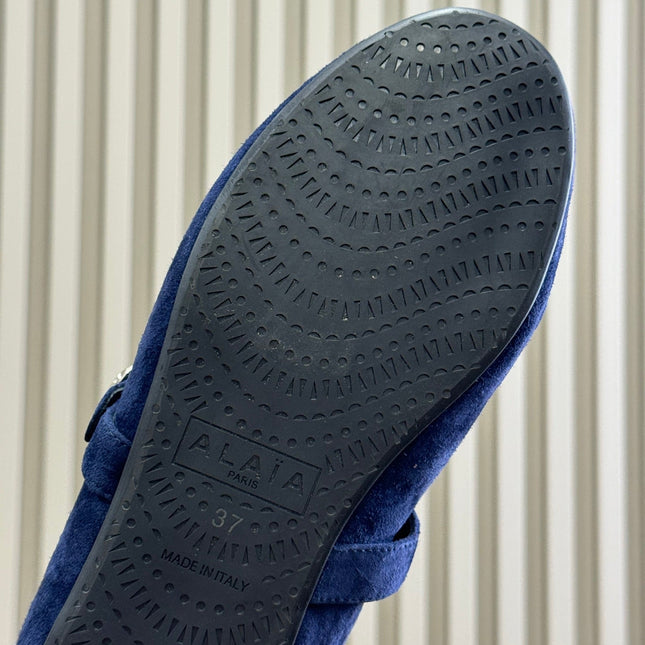 ALAIA 25S MARY JANE SHEARLING FLATS IN DARK BLUE SUEDE