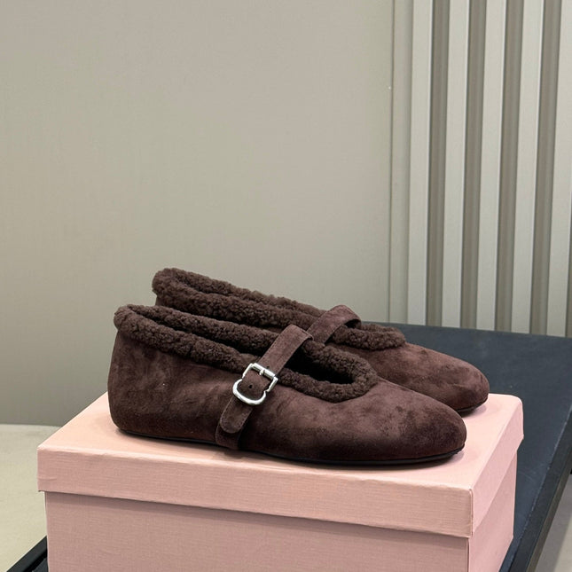 ALAIA 25S MARY JANE SHEARLING FLATS IN DARK BROWN SUEDE