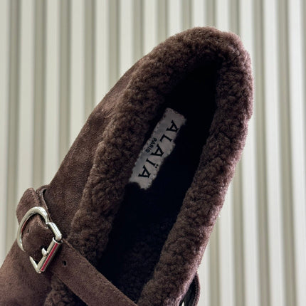 ALAIA 25S MARY JANE SHEARLING FLATS IN DARK BROWN SUEDE