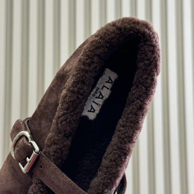 ALAIA 25S MARY JANE SHEARLING FLATS IN DARK BROWN SUEDE