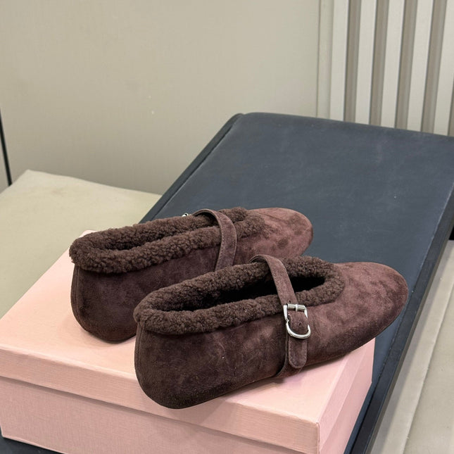 ALAIA 25S MARY JANE SHEARLING FLATS IN DARK BROWN SUEDE