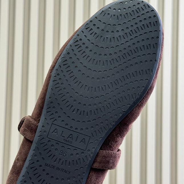 ALAIA 25S MARY JANE SHEARLING FLATS IN DARK BROWN SUEDE