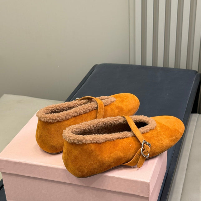 ALAIA 25S MARY JANE SHEARLING FLATS IN DARK CARAMEL SUEDE