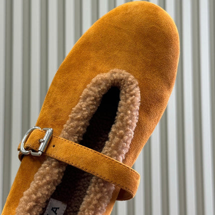 ALAIA 25S MARY JANE SHEARLING FLATS IN DARK CARAMEL SUEDE