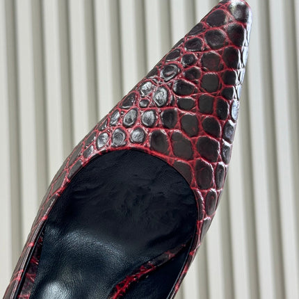 ALAIA 25S POINTY TOE PUMPS CROCODILE-EMBOSSED 90MM IN BURGUNDY CALFSKIN