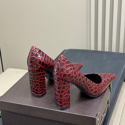 ALAIA 25S POINTY TOE PUMPS CROCODILE-EMBOSSED 90MM IN BURGUNDY CALFSKIN