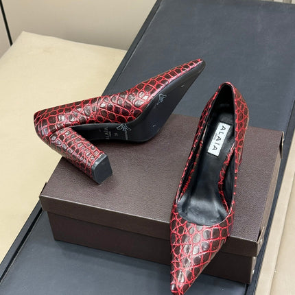 ALAIA 25S POINTY TOE PUMPS CROCODILE-EMBOSSED 90MM IN BURGUNDY CALFSKIN