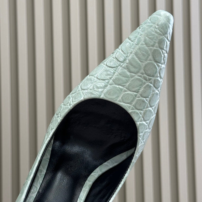 ALAIA 25S POINTY TOE PUMPS 90MM IN CELADON GREEN CALFSKIN