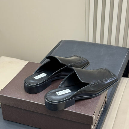 ALAIA 25S SQUARE LOAFER MULES IN BLACK GLOSSY CALFSKIN