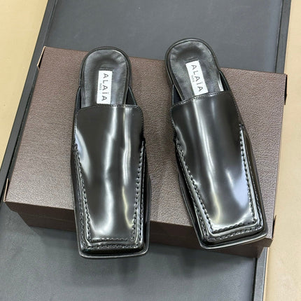ALAIA 25S SQUARE LOAFER MULES IN BLACK GLOSSY CALFSKIN