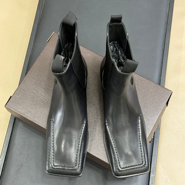 ALAIA 25S SQUARE TOE CHELSEA ANKLE BOOTS SHOES IN BLACK CALFSKIN