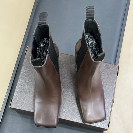 ALAIA 25S ANKLE HIGH-HEELED BOOTS IN BROWN CALFSKIN AND CANVAS