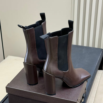 ALAIA 25S ANKLE HIGH-HEELED BOOTS IN BROWN CALFSKIN AND CANVAS