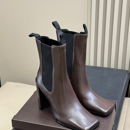 ALAIA 25S ANKLE HIGH-HEELED BOOTS IN BROWN CALFSKIN AND CANVAS