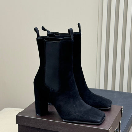 ALAIA 25S ANKLE HIGH-HEELED BOOTS IN BLACK SUEDE AND CANVAS
