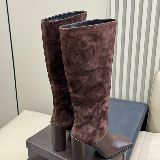 ALAIA 25S KNEE BOOTS IN BROWN CALFSKIN AND SUEDE