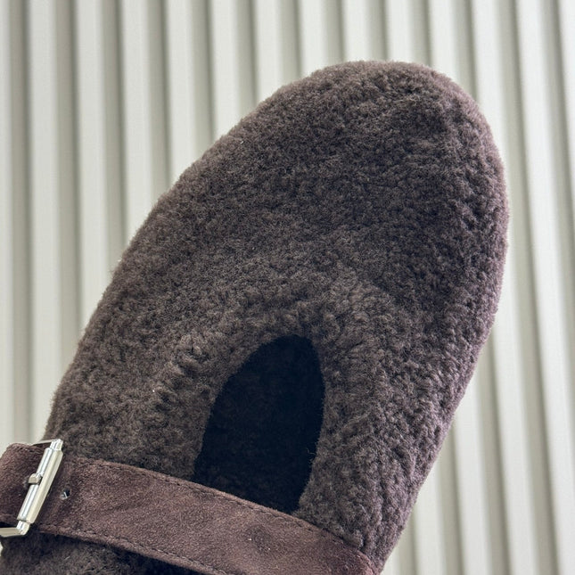 ALAIA 25S COZY MARY JANE SHEARLING FLATS IN DARK BROWN