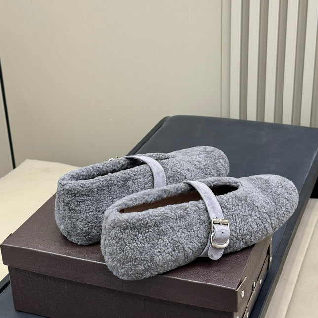 ALAIA 25S COZY MARY JANE SHEARLING FLATS IN DARK GRAY