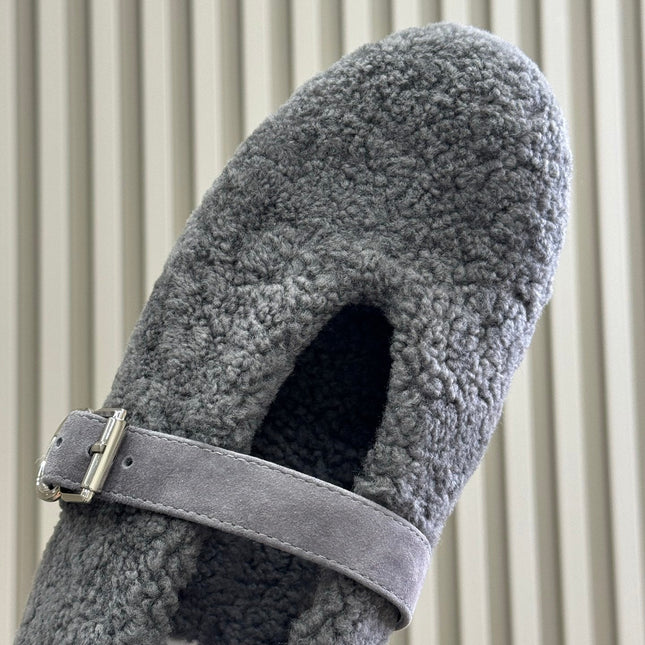 ALAIA 25S COZY MARY JANE SHEARLING FLATS IN DARK GRAY